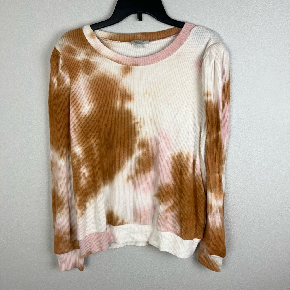 Status | Brown Cream Tie Dye Ribbed Knit Bubble Sleeve Top